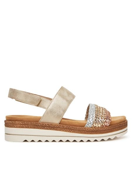 Remonte Sandały D0Q56-90 Złoty. Żółte sandały damskie Remonte, bez wzorów, ze skóry, bez obcasa, na płaskiej podeszwie, bez zapięcia. Za 379.99 zł.