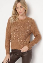 Brązowy Sweter z Bawełną Ozdobiony Cekinami Savalenne. Brązowe swetry klasyczne damskie Born2be, z bawełny, bez kołnierzyka. Za 74.99 zł.