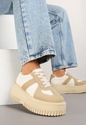 Ciemnobeżowe Sneakersy na Grubej Podeszwie z Ozdobnym Paskiem Viviriana. Brązowe obuwie sportowe damskie Born2be, na lato, z jeansu, bez zapięcia. Za 89.99 zł.