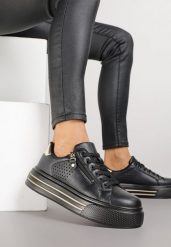 Czarne Sneakersy na Grubej Podeszwie z Perforacją i Suwakiem Giorinea. Czarne obuwie sportowe damskie Born2be, z dzianiny, bez zapięcia. Za 129.99 zł.