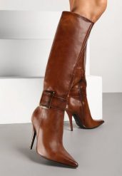 Brązowe Kozaki na Szpilce z Metaliczną Klamrą Evelinna. Brązowe kozaki damskie Renee, bez obcasa, na obcasie, bez zapięcia. Za 179.99 zł.