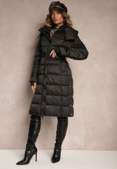 Czarna Pikowana Kurtka ZImowa z Eleganckim Paskiem Sadelara. Czarne kurtki damskie Renee, na zimę, l, bez wzorów, bez kaptura. Za 259.99 zł.