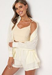 Beżowy 2-cześciowy Komplet z Szortami i Elegancką Koszulą Alesa. Brązowe koszule damskie Born2be, m, bez wzorów, eleganckie, bez kołnierzyka, bez ramiączek. Za 169.99 zł.