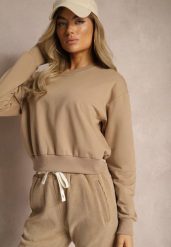 Ciemnobeżowa Bluza z Bawełną ze Ściągaczami przy Rękawach i w Pasie Alberia. Brązowe bluzy damskie Renee, l, bez wzorów, z bawełny, bez kaptura. Za 24.99 zł.