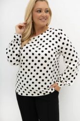 Biała bluzka w czarne grochy Dot Darling z dekoracyjnymi rękawami 100% wiskoza Plus Size Oversize. Białe bluzki damskie Moda Size Plus Iwanek, plus size, bez wzorów, z jeansu, biznesowe, bez kołnierzyka, plus size, bez ramiączek. Za 229.90 zł.