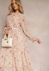 Jasnobeżowa Rozkloszowana Sukienka z Wiązaniem przy Szyi w Print Paisley Clarosa. Brązowe sukienki damskie Renee, bez wzorów, biznesowe, bez ramiączek. W wyprzedaży za 119.99 zł.