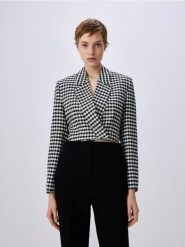 Krótka marynarka w kratę - wielobarwny. Marynarki i żakiety damskie Reserved, l, bez wzorów, z tkaniny. W wyprzedaży za 69.99 zł.