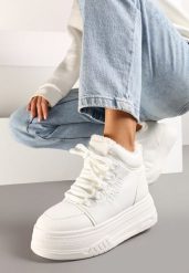 Białe Sneakersy na Platformie Ocieplane Futrem Leanelitia. Białe obuwie sportowe damskie Born2be, z jeansu, bez zapięcia. Za 109.99 zł.