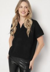 Czarny Sweter z Wełną z Krótkim Rękawem i Kołnierzykiem Tevalina. Czarne swetry klasyczne damskie Born2be, uniwersalny, z jeansu, bez kołnierzyka. Za 129.99 zł.