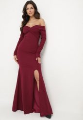 Fioletowa Dopasowana Sukienka Hiszpanka z Rozkloszowanym Dołem z Rozcięciem Naliona. Czerwone sukienki damskie Born2be, bez wzorów, z tkaniny, eleganckie, bez ramiączek. W wyprzedaży za 93.49 zł.