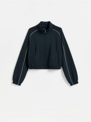 Bluza z kontrastową lamówką - granatowy. Niebieskie bluzy damskie Reserved, l, bez wzorów, z dzianiny, bez kaptura. Za 139.99 zł.