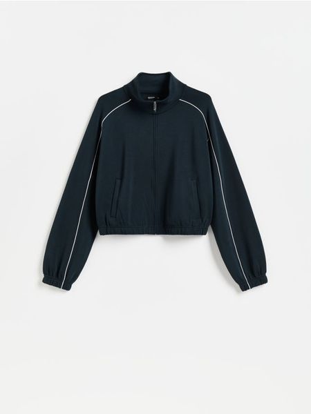 Bluza z kontrastową lamówką - granatowy. Niebieskie bluzy damskie Reserved, l, bez wzorów, z dzianiny, bez kaptura. Za 139.99 zł.