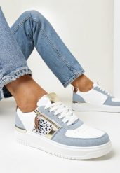 Biało-Niebieskie Sneakersy z Metaliczną Wstawką i Suwakiem Linoa. Białe obuwie sportowe damskie Born2be, bez zapięcia. Za 84.99 zł.