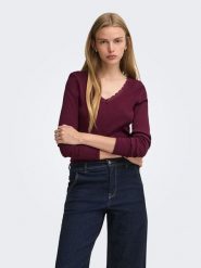 ONLY Koszulka w kolorze bordowym rozmiar: L. Czerwone bluzki damskie Only, l, bez wzorów, z koronki, bez kołnierzyka, bez ramiączek. Za 81.95 zł.