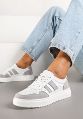Biało-Szare Skórzane Sneakersy na Płaskiej Podeszwie z Perforacją i Ozdobione Paskami Terili. Białe obuwie sportowe damskie Born2be, z jeansu, bez zapięcia. Za 159.99 zł.
