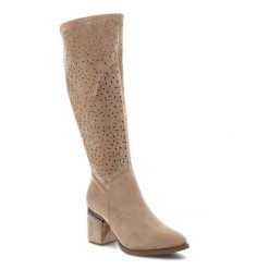 Kozaki damskie S.Barski o wysokim fasonie z ażurową cholewką i stabilnym obcasem typu słupek beżowe HY62-8122 Beige. Brązowe kozaki damskie S.BARSKI, na jesień, przed kolano, bez obcasa, na obcasie, bez zapięcia. Za 188.99 zł.