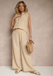 Beżowy Komplet Koszula na Guziki bez Rękawów i Szerokie Spodnie Telaritia. Brązowe koszule damskie Renee, xl, bez wzorów, eleganckie, bez kołnierzyka, bez ramiączek. Za 69.99 zł.
