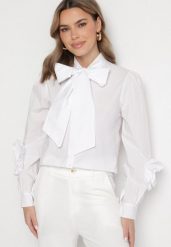 Biała Koszula z Ozdobnym Wiązaniem i Falbankami Zalimira. Białe koszule damskie Born2be, bez wzorów, z jeansu, eleganckie, bez kołnierzyka, bez ramiączek. Za 99.99 zł.