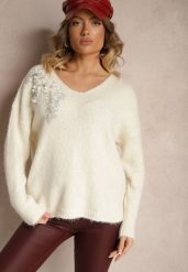 Jasnobeżowy Sweter z Wełną Ozdobiony Cekinami i Kwiatami 3D Calimi. Brązowe swetry klasyczne damskie Renee, na zimę, l, z jeansu, bez kołnierzyka. Za 139.99 zł.
