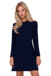 Elegancka sukienka trapezowa dwurzędowa granatowa. Sukienki damskie MOE, bez wzorów, biznesowe, bez ramiączek. Za 339.00 zł.
