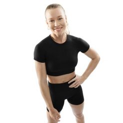 Damska bezszwowa sportowa koszulka crop top z krótkim rękawem Fitness Siroko A. Czarne koszulki sportowe damskie SIROKO, s, bez wzorów, z materiału, bez ramiączek, na fitness i siłownię. Za 105.00 zł.