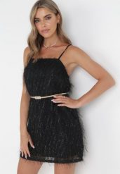 Czarna Sukienka Mini z Cienkimi Frędzlami i Kwadratowym Dekoltem Lockia. Czarne sukienki damskie Born2be, bez wzorów, bez ramiączek. Za 119.99 zł.
