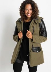 Kurtka parka z wstawkami ze sztucznej skóry. Zielone kurtki damskie bonprix, z materiału, z kapturem. Za 339.99 zł.