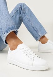 Białe Wiązane Sneakersy na Płaskiej Podeszwie z Okrągłym Noskiem Adephine. Białe obuwie sportowe damskie Born2be, z jeansu, bez zapięcia. Za 49.99 zł.
