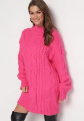 Fuksjowy Luźny Sweter w Warkoczykowy Splot Sentlia. Czerwone swetry klasyczne damskie Born2be, ze splotem, bez kołnierzyka. Za 109.99 zł.