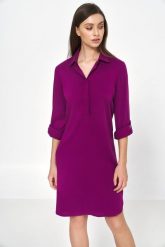 Prosta Sukienka z Podwijanym Rękawem - Purpurowa. Fioletowe sukienki damskie Nife, bez wzorów, z materiału, wizytowe, bez ramiączek. Za 299.90 zł.