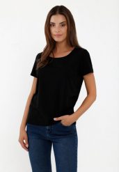 Koszulka basic T-DIANA. Czarne koszulki damskie Volcano, m, bez wzorów, z materiału, bez kołnierzyka, bez ramiączek. Za 54.99 zł.
