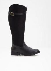 Kozaki z szeroką cholewką i ozdobną klamrą. Czarne kozaki damskie bonprix, bez obcasa, bez zapięcia. Za 219.99 zł.