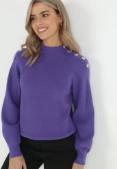 Fioletowy Sweter Dzianinowy z Długim Rękawem i Guzikami Omes. Fioletowe swetry klasyczne damskie Born2be, z dzianiny, bez kołnierzyka. Za 129.99 zł.