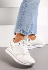 Białe Sneakersy na Grubej Podeszwie z Brokatem i Metaliczną Wstawką Velari. Białe obuwie sportowe damskie Renee, bez zapięcia. Za 89.99 zł.