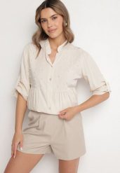 Beżowa Koszula z Wiskozą Ozdobiona Perełkami Tanavitia. Brązowe koszule damskie Born2be, bez wzorów, z jeansu, eleganckie, bez kołnierzyka, bez ramiączek. Za 79.99 zł.