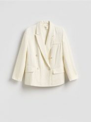 Dwurzędowa marynarka z wiskozą - biały. Białe marynarki i żakiety damskie Reserved, l, bez wzorów, z tkaniny. Za 299.99 zł.