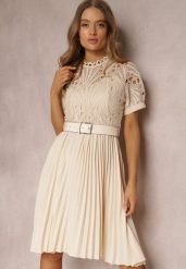 Beżowa Plisowana Sukienka z Paskiem i Koronką Stelly. Brązowe sukienki damskie Renee, z aplikacjami, z koronki, eleganckie, bez ramiączek. W wyprzedaży za 151.99 zł.