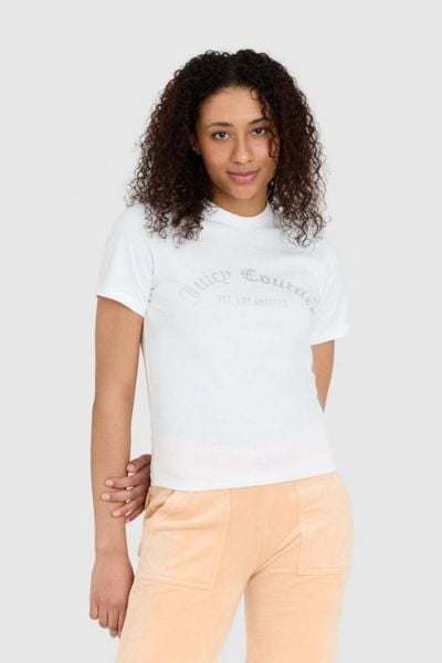 JUICY COUTURE Biały t-shirt damski z diamentowym logo, Rozmiar L. Białe t-shirty damskie Juicy Couture, l, bez wzorów, bez kołnierzyka. W wyprzedaży za 229.99 zł.