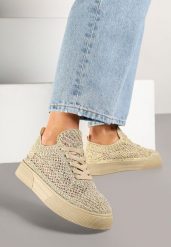 Złote Koronkowe Sneakersy na Niskiej Platformie Nanalisea. Żółte obuwie sportowe damskie Born2be, z koronki, bez zapięcia. Za 49.99 zł.