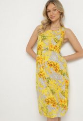 Żółta Sukienka w Kwiaty o Rozkloszowanym Kroju na Szerokich Ramiączkach Naivoriel. Żółte sukienki damskie Born2be, bez wzorów, z zamszu, eleganckie, bez ramiączek. Za 69.99 zł.