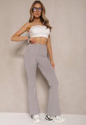 Jasnoszare Spodnie Dzwony High Waist Odavia. Szare spodnie materiałowe damskie Renee, bez wzorów, z jeansu. Za 59.99 zł.
