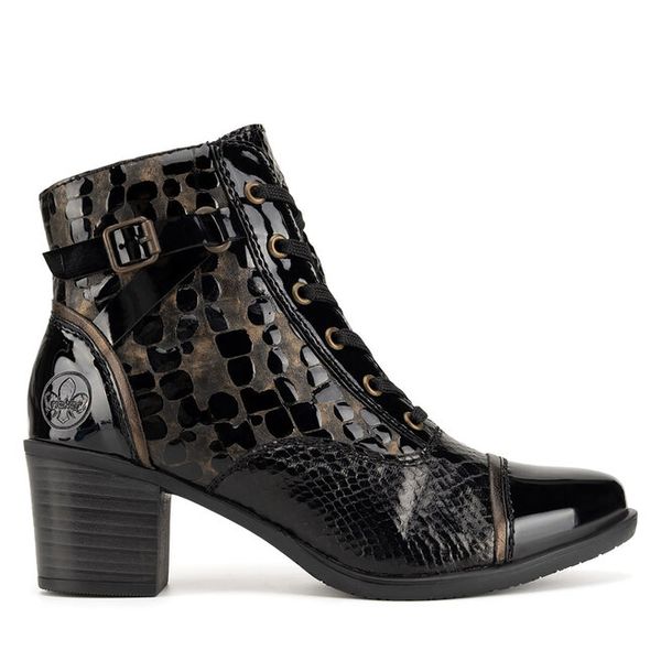 Trzewiki Rieker. Czarne botki damskie Rieker, bez obcasa, na słupku, bez zapięcia. Za 307.99 zł.