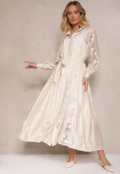 Beżowa Haftowana Wiskozowa Sukienka Rozkloszowana z Bawełną i Paskiem Zenvivi. Brązowe sukienki damskie Renee, bez wzorów, z bawełny, eleganckie, bez ramiączek. W wyprzedaży za 259.99 zł.