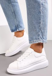 Białe Sneakersy na Grubej Podeszwie z Przeszyciami i Perforacją Amela. Białe obuwie sportowe damskie Renee, ze skóry, przed kostkę, bez zapięcia. Za 74.99 zł.