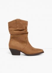Botki kowbojki z marszczeniem. Brązowe botki damskie bonprix, eleganckie, bez obcasa, bez zapięcia. Za 189.99 zł.
