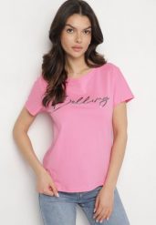 Różowy Bawełniany T-shirt z Ozdobnym Napisem Virretis. Czerwone t-shirty damskie Born2be, m, bez wzorów, z bawełny, bez kołnierzyka. Za 34.99 zł.