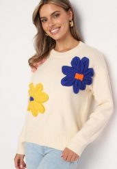 Beżowy Sweter z Wiskozą Wykończony Aplikacjami Kwiatów 3D Morivia. Brązowe swetry klasyczne damskie Born2be, z jeansu, bez kołnierzyka. Za 74.99 zł.