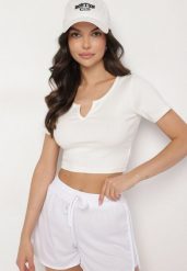 Beżowy Bawełniany T-shirt z Prążkowanego Materiału Linalora. Brązowe t-shirty damskie Born2be, l, bez wzorów, z bawełny, bez kołnierzyka. Za 29.99 zł.