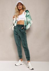 Ciemnozielony Welurowy Komplet Dresowy z Wzorzystą Bluzą z Kapturem i Joggerami Rouviana. Zielone bluzy damskie Renee, m, bez wzorów, z dresówki, z kapturem. Za 69.99 zł.