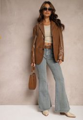 Jasnoniebieskie Jeansy z Bawełny Dzwony High Waist z Paskiem i Ozdobnymi Kieszeniami Mevalia. Niebieskie jeansy damskie Renee, bez wzorów, z bawełny, długie. Za 119.99 zł.